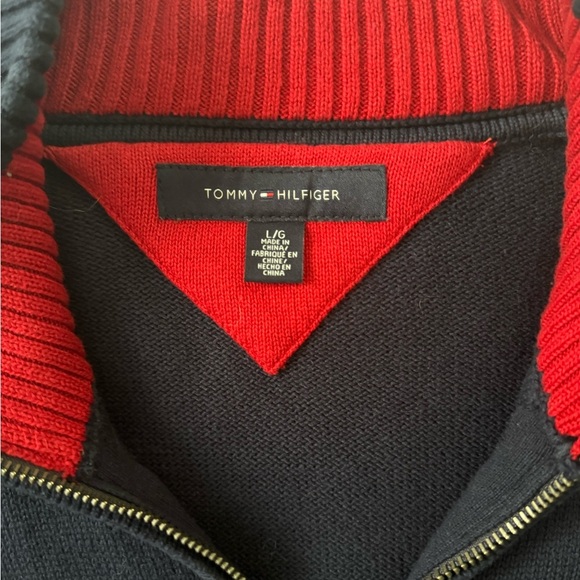 Tommy Hilfiger Men's Zip-Up Sweater - Navy and Red. Size Large. Double zipper. - Picture 2 of 3